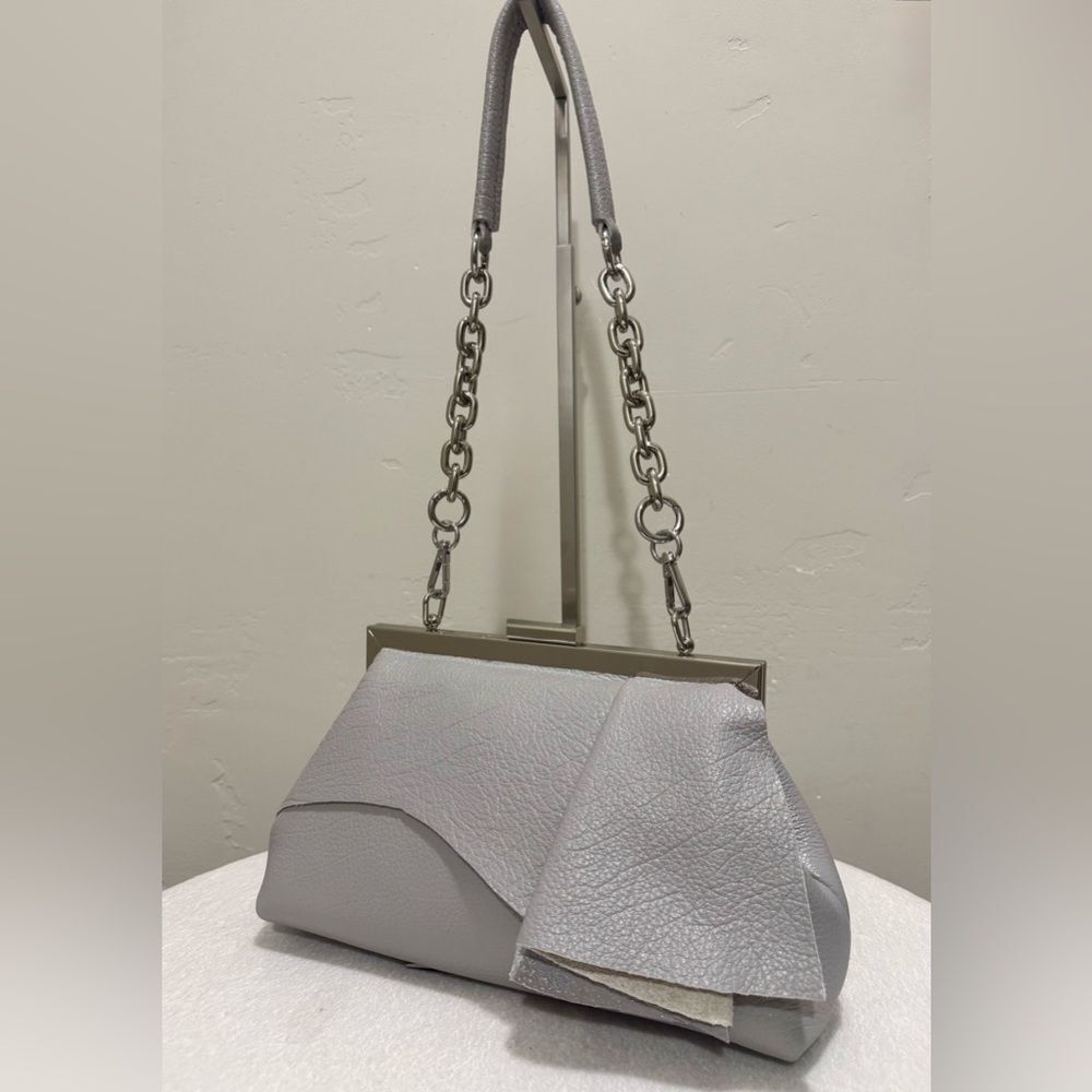 Handmade Cowhide Leather Asymmetrical Ruffles Metal Frame Bag, Multi Use Style - Picture 7 of 16